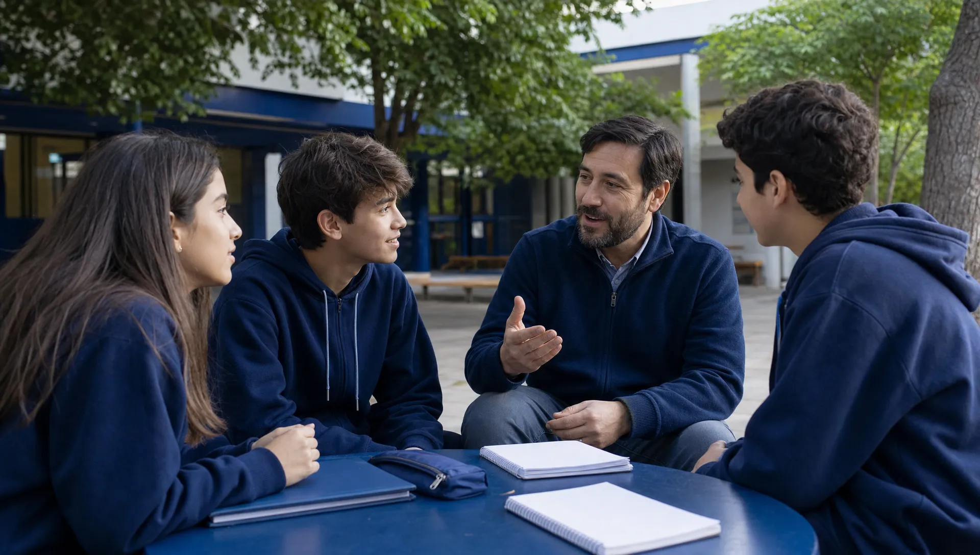 Estudiantes y un profesor conversan en un patio escolar tranquilo después de una actividad de convivencia, con cuadernos sobre una mesa cercana.