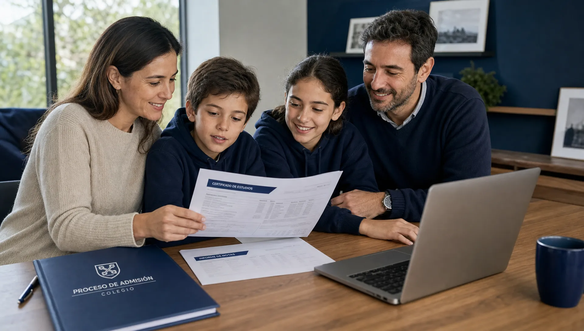 Una familia revisa documentos escolares oficiales en una mesa junto a una carpeta de admisión y un computador abierto con la pantalla orientada hacia ellos.