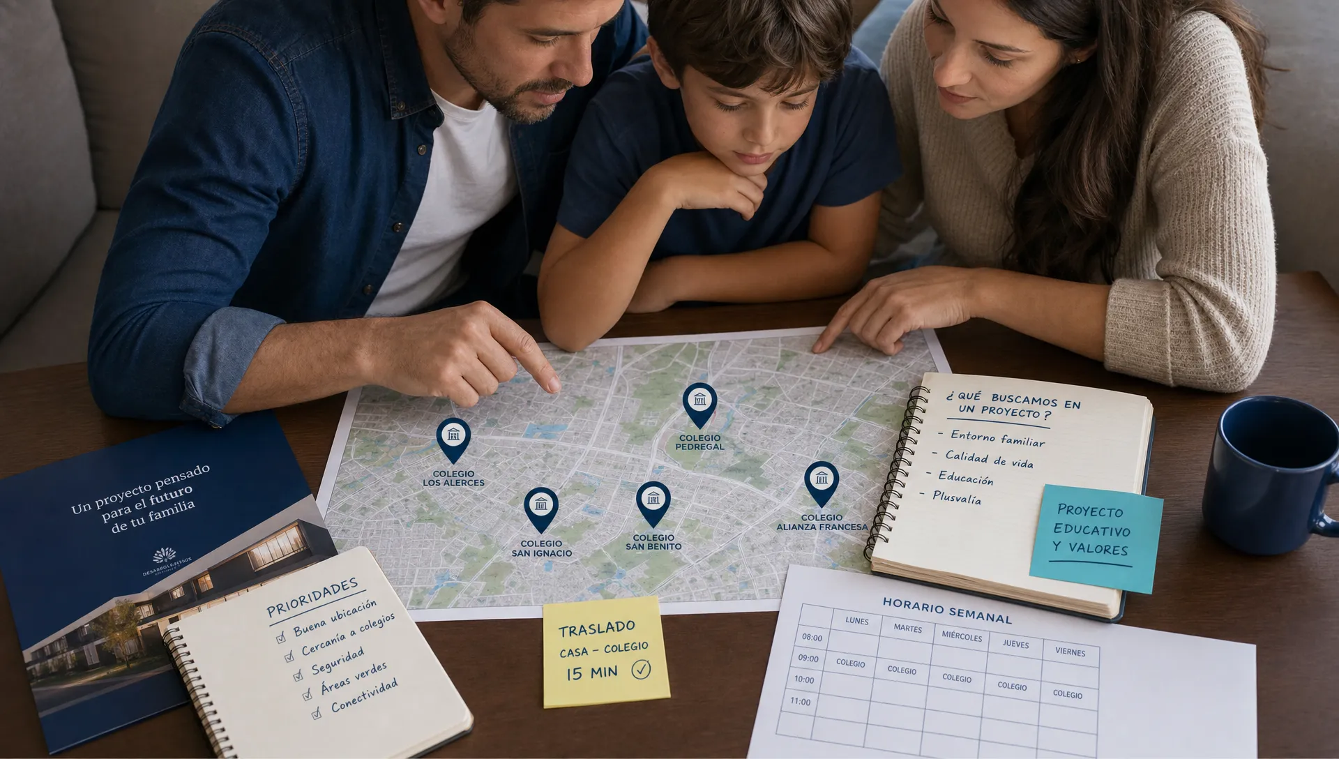 Una familia revisa un plano del sector con colegios marcados, junto a cuadernos, horarios y notas sobre traslado y proyecto educativo.